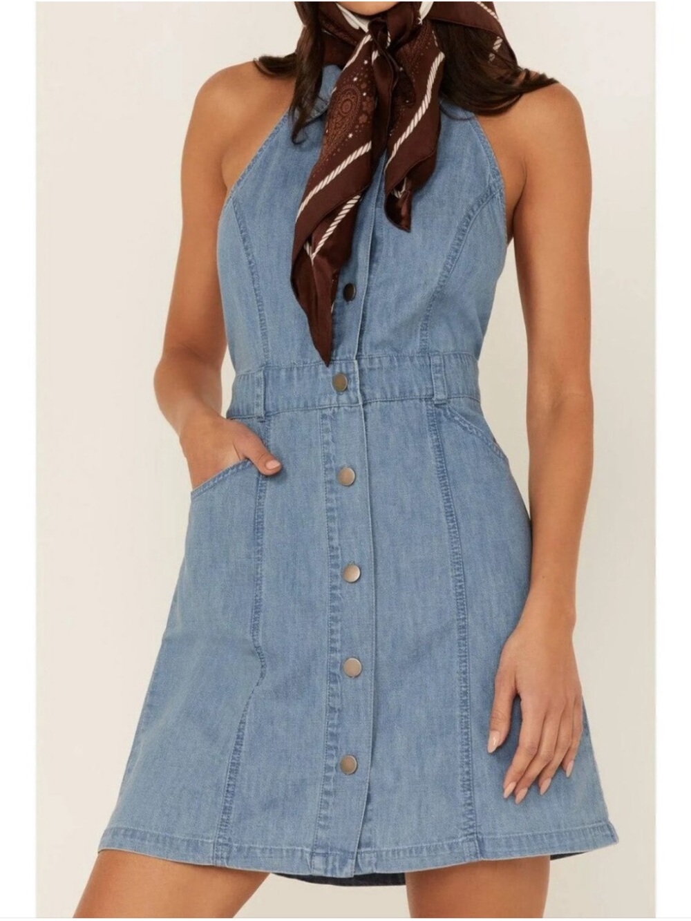 Light Wash Denim Button-Front Halter Dress - Picture 1 of 3